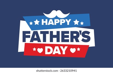Happy Father’s Day. Honoring dads. Lovely celebration in June. Sweetest family holiday. Party event. Mustache and heart. Blue color. Creative art poster. Vector design