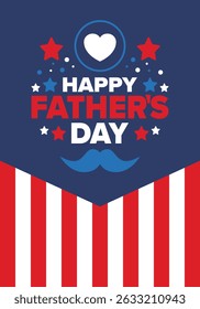Happy Father’s Day. Honoring dads. Lovely celebration in June. Sweetest family holiday. Party event. Mustache and heart. Blue color. Creative art poster. Vector design
