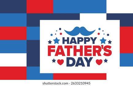 Happy Father’s Day. Honoring dads. Lovely celebration in June. Sweetest family holiday. Party event. Mustache and heart. Blue color. Creative art poster. Vector design