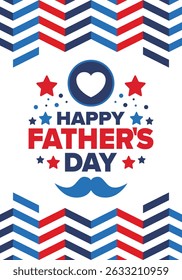 Happy Father’s Day. Honoring dads. Lovely celebration in June. Sweetest family holiday. Party event. Mustache and heart. Blue color. Creative art poster. Vector design