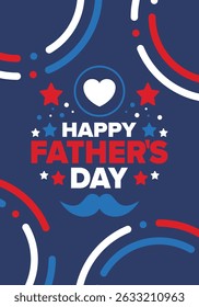 Happy Father’s Day. Honoring dads. Lovely celebration in June. Sweetest family holiday. Party event. Mustache and heart. Blue color. Creative art poster. Vector design