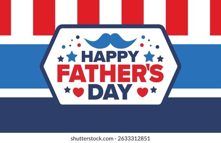 Happy Father’s Day. Honoring dads. Lovely celebration in June. Sweetest family holiday. Party event. Mustache and heart. Blue color. Creative art poster. Vector design