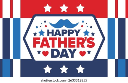 Happy Father’s Day. Honoring dads. Lovely celebration in June. Sweetest family holiday. Party event. Mustache and heart. Blue color. Creative art poster. Vector design