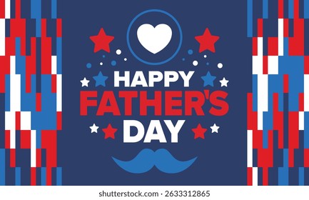 Happy Father’s Day. Honoring dads. Lovely celebration in June. Sweetest family holiday. Party event. Mustache and heart. Blue color. Creative art poster. Vector design