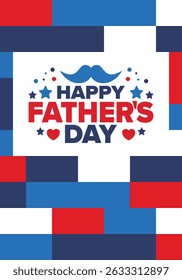 Happy Father’s Day. Honoring dads. Lovely celebration in June. Sweetest family holiday. Party event. Mustache and heart. Blue color. Creative art poster. Vector design