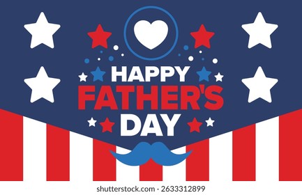 Happy Father’s Day. Honoring dads. Lovely celebration in June. Sweetest family holiday. Party event. Mustache and heart. Blue color. Creative art poster. Vector design