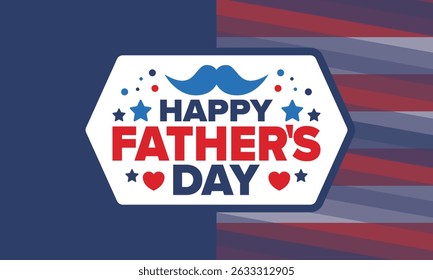 Happy Father’s Day. Honoring dads. Lovely celebration in June. Sweetest family holiday. Party event. Mustache and heart. Blue color. Creative art poster. Vector design