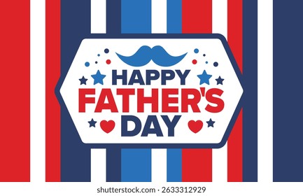Happy Father’s Day. Honoring dads. Lovely celebration in June. Sweetest family holiday. Party event. Mustache and heart. Blue color. Creative art poster. Vector design