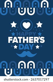 Happy Father’s Day. Honoring dads. Lovely celebration in June. Sweetest family holiday. Party event. Mustache and heart. Blue color. Creative art poster. Vector design