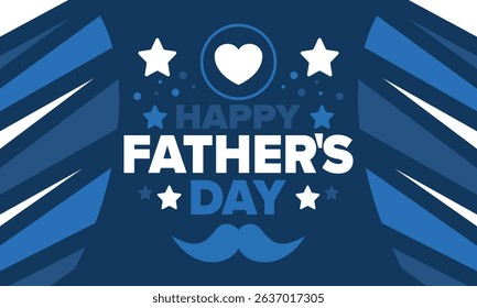 Happy Father’s Day. Honoring dads. Lovely celebration in June. Sweetest family holiday. Party event. Mustache and heart. Blue color. Creative art poster. Vector design
