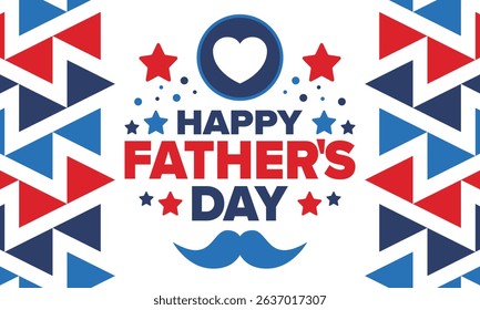 Happy Father’s Day. Honoring dads. Lovely celebration in June. Sweetest family holiday. Party event. Mustache and heart. Blue color. Creative art poster. Vector design