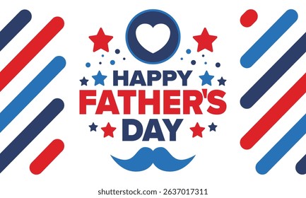 Happy Father’s Day. Honoring dads. Lovely celebration in June. Sweetest family holiday. Party event. Mustache and heart. Blue color. Creative art poster. Vector design