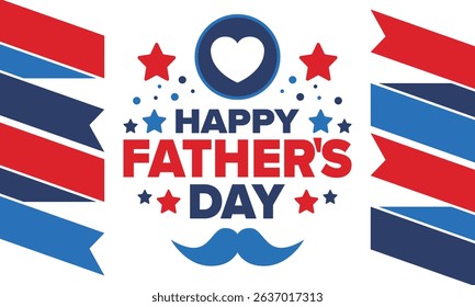 Happy Father’s Day. Honoring dads. Lovely celebration in June. Sweetest family holiday. Party event. Mustache and heart. Blue color. Creative art poster. Vector design