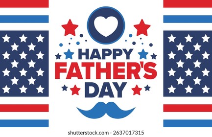 Happy Father’s Day. Honoring dads. Lovely celebration in June. Sweetest family holiday. Party event. Mustache and heart. Blue color. Creative art poster. Vector design
