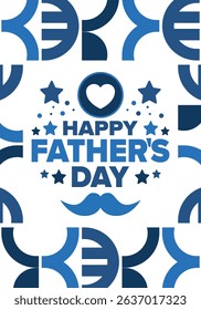 Happy Father’s Day. Honoring dads. Lovely celebration in June. Sweetest family holiday. Party event. Mustache and heart. Blue color. Creative art poster. Vector design