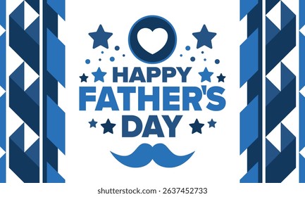 Happy Father’s Day. Honoring dads. Lovely celebration in June. Sweetest family holiday. Party event. Mustache and heart. Blue color. Creative art poster. Vector design