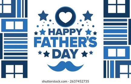 Happy Father’s Day. Honoring dads. Lovely celebration in June. Sweetest family holiday. Party event. Mustache and heart. Blue color. Creative art poster. Vector design