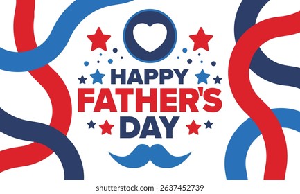 Happy Father’s Day. Honoring dads. Lovely celebration in June. Sweetest family holiday. Party event. Mustache and heart. Blue color. Creative art poster. Vector design