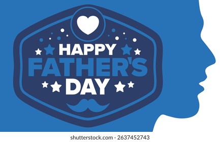Happy Father’s Day. Honoring dads. Lovely celebration in June. Sweetest family holiday. Party event. Mustache and heart. Blue color. Creative art poster. Vector design