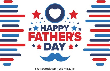 Happy Father’s Day. Honoring dads. Lovely celebration in June. Sweetest family holiday. Party event. Mustache and heart. Blue color. Creative art poster. Vector design