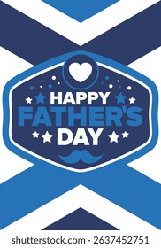 Happy Father’s Day. Honoring dads. Lovely celebration in June. Sweetest family holiday. Party event. Mustache and heart. Blue color. Creative art poster. Vector design