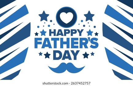 Happy Father’s Day. Honoring dads. Lovely celebration in June. Sweetest family holiday. Party event. Mustache and heart. Blue color. Creative art poster. Vector design