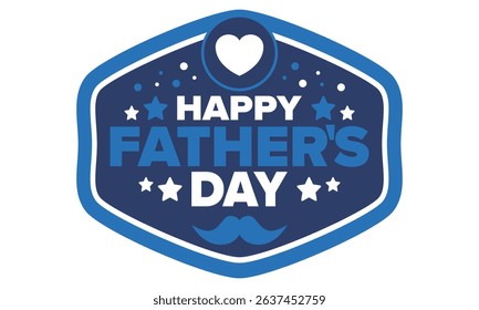 Happy Father’s Day. Honoring dads. Lovely celebration in June. Sweetest family holiday. Party event. Mustache and heart. Blue color. Creative art poster. Vector design
