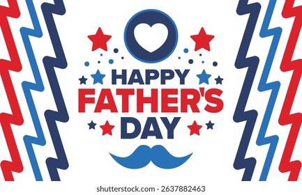 Happy Father’s Day. Honoring dads. Lovely celebration in June. Sweetest family holiday. Party event. Mustache and heart. Blue color. Creative art poster. Vector design