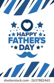 Happy Father’s Day. Honoring dads. Lovely celebration in June. Sweetest family holiday. Party event. Mustache and heart. Blue color. Creative art poster. Vector design