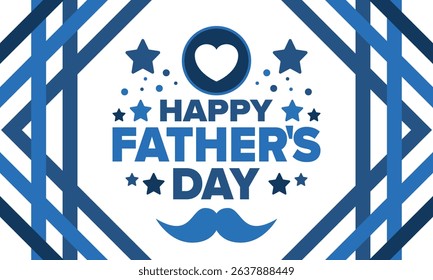 Happy Father’s Day. Honoring dads. Lovely celebration in June. Sweetest family holiday. Party event. Mustache and heart. Blue color. Creative art poster. Vector design