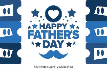 Happy Father’s Day. Honoring dads. Lovely celebration in June. Sweetest family holiday. Party event. Mustache and heart. Blue color. Creative art poster. Vector design