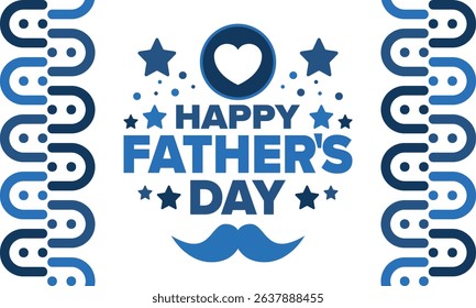 Happy Father’s Day. Honoring dads. Lovely celebration in June. Sweetest family holiday. Party event. Mustache and heart. Blue color. Creative art poster. Vector design