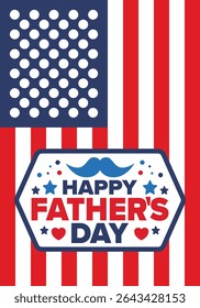 Happy Father’s Day. Honoring dads. Lovely celebration in June. Sweetest family holiday. Party event. Mustache and heart. Blue color. Creative art poster. Vector design
