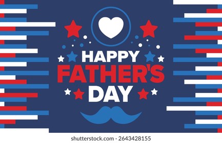 Happy Father’s Day. Honoring dads. Lovely celebration in June. Sweetest family holiday. Party event. Mustache and heart. Blue color. Creative art poster. Vector design
