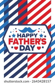 Happy Father’s Day. Honoring dads. Lovely celebration in June. Sweetest family holiday. Party event. Mustache and heart. Blue color. Creative art poster. Vector design