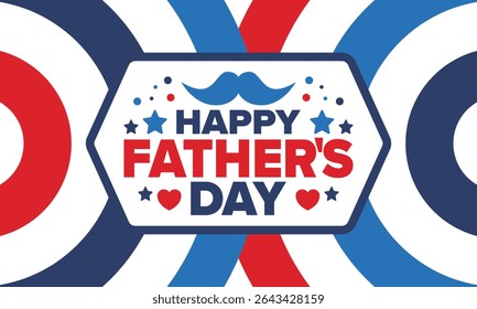 Happy Father’s Day. Honoring dads. Lovely celebration in June. Sweetest family holiday. Party event. Mustache and heart. Blue color. Creative art poster. Vector design