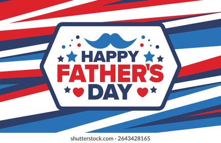 Happy Father’s Day. Honoring dads. Lovely celebration in June. Sweetest family holiday. Party event. Mustache and heart. Blue color. Creative art poster. Vector design