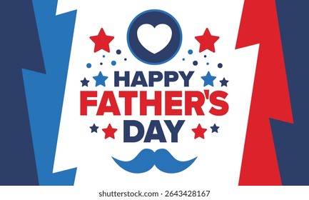 Happy Father’s Day. Honoring dads. Lovely celebration in June. Sweetest family holiday. Party event. Mustache and heart. Blue color. Creative art poster. Vector design