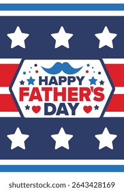 Happy Father’s Day. Honoring dads. Lovely celebration in June. Sweetest family holiday. Party event. Mustache and heart. Blue color. Creative art poster. Vector design