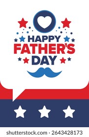Happy Father’s Day. Honoring dads. Lovely celebration in June. Sweetest family holiday. Party event. Mustache and heart. Blue color. Creative art poster. Vector design