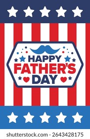 Happy Father’s Day. Honoring dads. Lovely celebration in June. Sweetest family holiday. Party event. Mustache and heart. Blue color. Creative art poster. Vector design