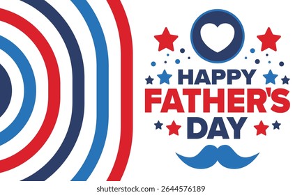 Happy Father’s Day. Honoring dads. Lovely celebration in June. Sweetest family holiday. Party event. Mustache and heart. Blue color. Creative art poster. Vector design