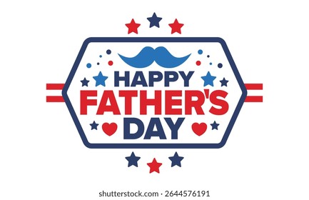 Happy Father’s Day. Honoring dads. Lovely celebration in June. Sweetest family holiday. Party event. Mustache and heart. Blue color. Creative art poster. Vector design