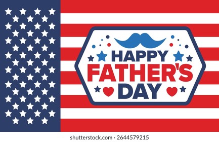 Happy Father’s Day. Honoring dads. Lovely celebration in June. Sweetest family holiday. Party event. Mustache and heart. Blue color. Creative art poster. Vector design