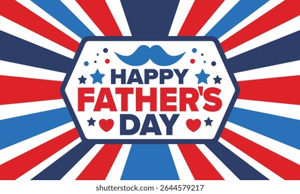 Happy Father’s Day. Honoring dads. Lovely celebration in June. Sweetest family holiday. Party event. Mustache and heart. Blue color. Creative art poster. Vector design
