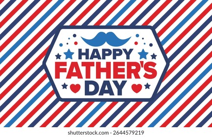 Happy Father’s Day. Honoring dads. Lovely celebration in June. Sweetest family holiday. Party event. Mustache and heart. Blue color. Creative art poster. Vector design