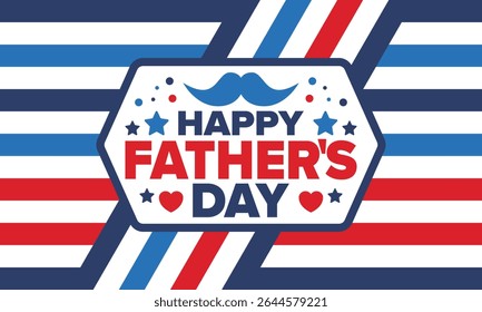 Happy Father’s Day. Honoring dads. Lovely celebration in June. Sweetest family holiday. Party event. Mustache and heart. Blue color. Creative art poster. Vector design