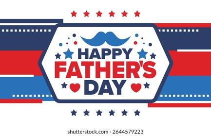 Happy Father’s Day. Honoring dads. Lovely celebration in June. Sweetest family holiday. Party event. Mustache and heart. Blue color. Creative art poster. Vector design