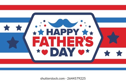 Happy Father’s Day. Honoring dads. Lovely celebration in June. Sweetest family holiday. Party event. Mustache and heart. Blue color. Creative art poster. Vector design
