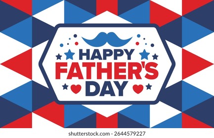 Happy Father’s Day. Honoring dads. Lovely celebration in June. Sweetest family holiday. Party event. Mustache and heart. Blue color. Creative art poster. Vector design